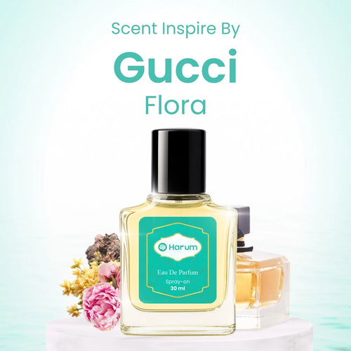 Perfume bottle labeled 'Harum' with Gucci branding on a light blue background